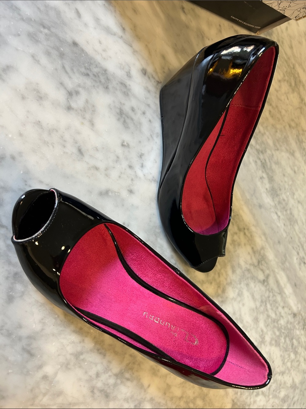 CL by Laundry Nolita black patent peep toe wedge. Worn once. Women’s size 8.